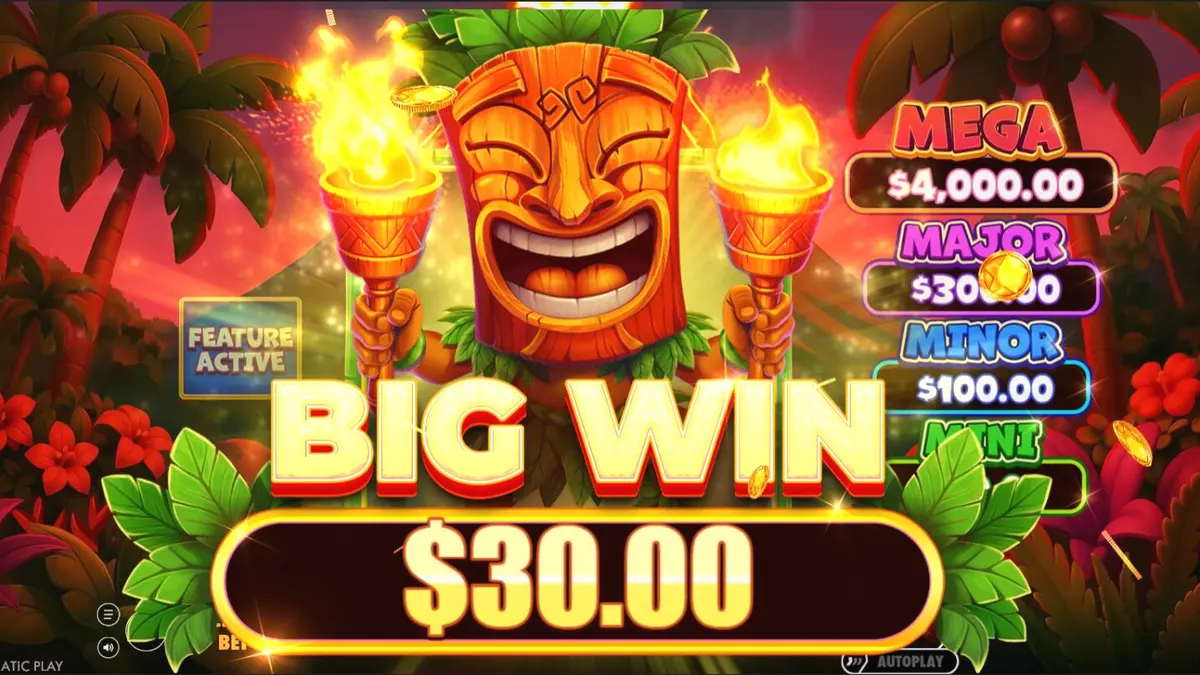 Giao diện trò chơi slot Super Tiki Strike với chủ đề nhiệt đới và các biểu tượng Tiki rực rỡ.