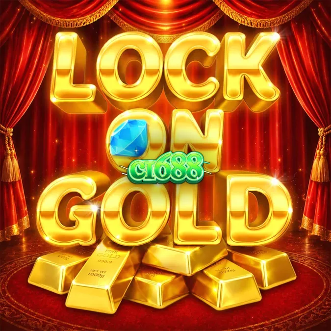 Giao diện sang trọng của trò chơi slot Lock On Gold với các thỏi vàng và sân khấu kịch